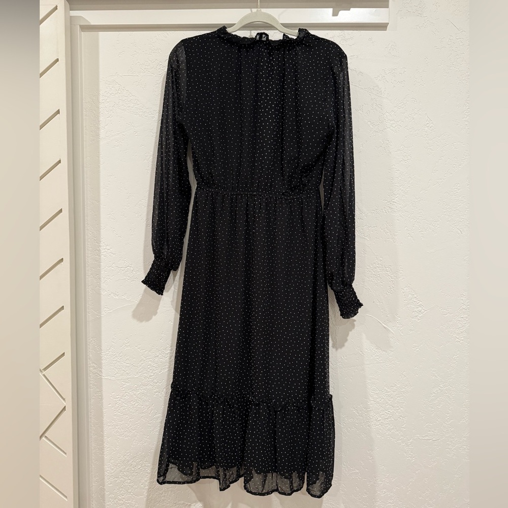 Chic Black Polka Dot Long Sleeve Midi Dress Size Small